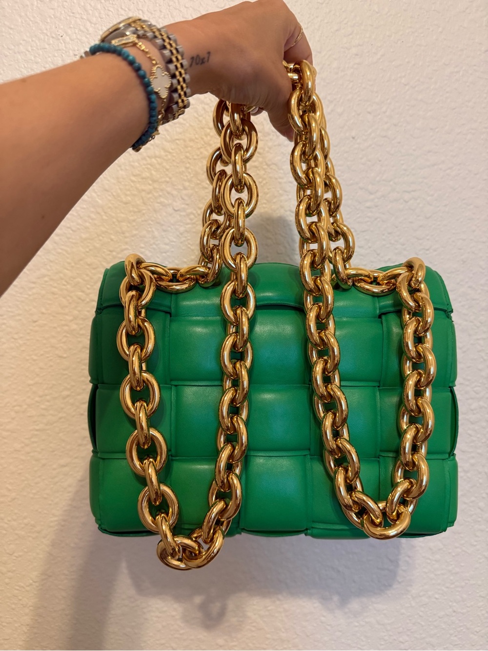 Bottega Veneta Green Padded Leather Shoulder Bag with Gold Chain